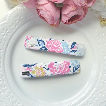 美國知名布料品牌長方形花朵印花髮夾彈夾-粉紫