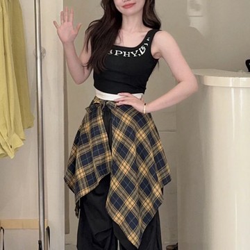 【T-2】🖤 一片式屁簾格子衫遮臀裙子屁簾裝飾短袖格子襯衫兩件套多巴胺穿搭