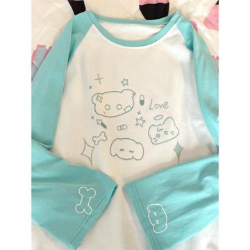 Ruibbit原創設計宅宅印花長袖插肩袖t恤少女百搭寬松