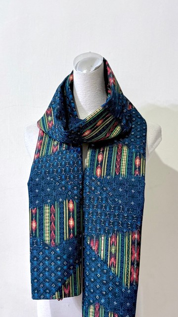 純手作/日本古董正絹藍橘色塊絲質花朵織布圍巾披肩