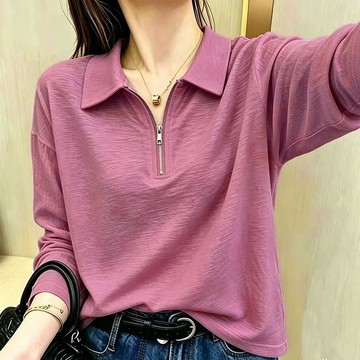 【台灣现貨】100%竹節棉長袖 女生上衣 長袖T恤 秋冬上衣 POLO領上衣 減齡上衣 長袖上衣 女生長袖 拉鏈翻領T恤