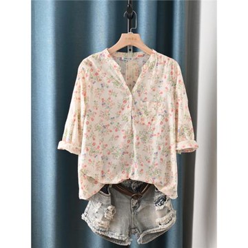 韓版V領小碎花薄棉七分袖襯衫女 夏季新款田園清新寬松套頭上衣潮