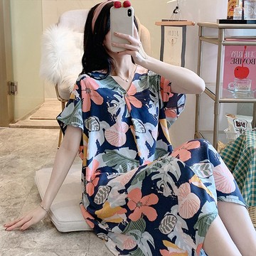 【韓國K.W.】KBN7484現貨彩色葉棉稠V領妞結造型休閒家居服(洋裝/連身裙/休閒/寬鬆)