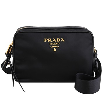 PRADA 1BH089 浮雕LOGO尼龍皮飾邊寬背帶斜背小方包.黑
