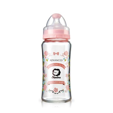 Simba 小獅王辛巴 蘿蔓晶鑽寬口玻璃大奶瓶, 玫瑰粉紅, 270ml, 1個