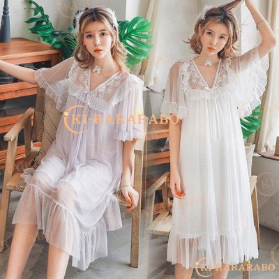 ネグリジェ 夏用 姫 ワンピース ロング丈 レースネグリジェ シースルー 半袖 パジャマ レディース 大人可愛い オシャレ新作 4色 通販 Lineポイント最大get Lineショッピング