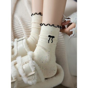 ins潮襪學生可愛中筒純棉刺繡蝴蝶結多色木耳邊長筒襪春秋款百搭