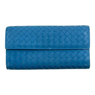 【二手名牌BRAND OFF】BOTTEGA VENETA BV 寶緹嘉 藍色 編織 皮革 扣式 長夾