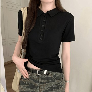 ✨ 精選好物 ✨ polo衫T恤女 夏季新款短袖上衣  氣質修身短袖 收腰顯瘦上衣  通勤正肩短袖 紐扣polo領短袖