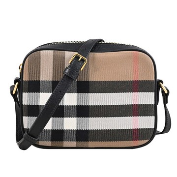 BURBERRY 8114074 英式格紋帆布拉鍊斜背相機包.黑邊 19cm