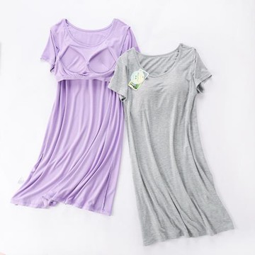 夏季莫代爾帶胸墊短袖睡裙女可外穿文胸一體式居家長款睡衣休閑裙