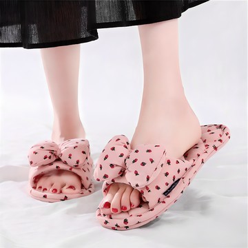 Aubemaison 三重氣墊草莓蝴蝶結棉質拖鞋  1個  粉色  Free(約230~250mm)