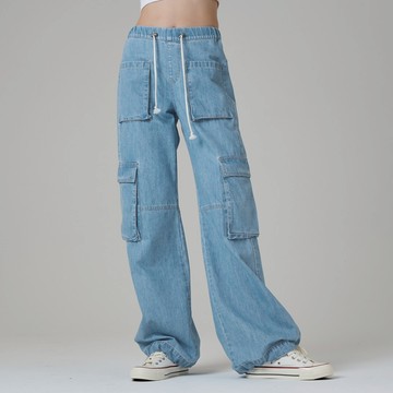 【ERSS】女裝 工裝褲 工裝牛仔褲 工作褲 工作牛仔褲 牛仔褲女 多口袋 拉繩 藍色【S77011】