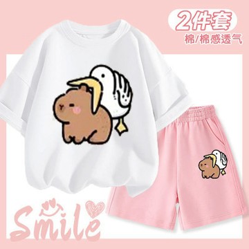 ❓全網最低價💕卡皮巴拉兩件套 水豚兒童套裝 卡皮巴拉兒童套裝 男童女童套裝 夏季爆款短袖套裝 新款兒童休閒薄款 女童童