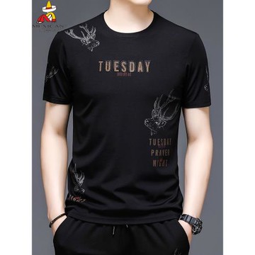 稻草人  短袖t恤男圓領寬松燙鉆冰絲滑料ins潮牌夏季男士半袖上衣