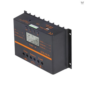 60A PWM太陽能控制器 光伏太陽能電池板充放電控制器 12V/24V自識別 LCD屏 USB輸出口 黑色