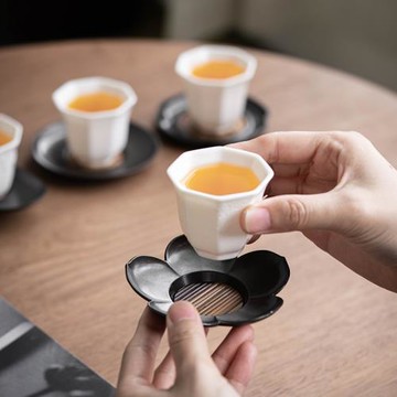 湘妃竹杯墊 仿古茶杯托 功夫茶具錫合金隔熱茶墊新中式茶道配件