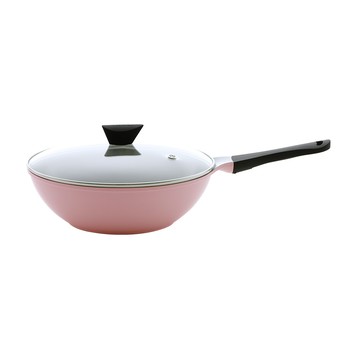 EELA系列陶瓷塗層鑄造炒鍋30公分-粉紅色+玻璃蓋(IH爐可用，不挑爐具)