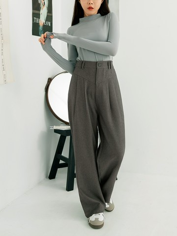 V型剪接打褶後鬆緊修身落地寬褲