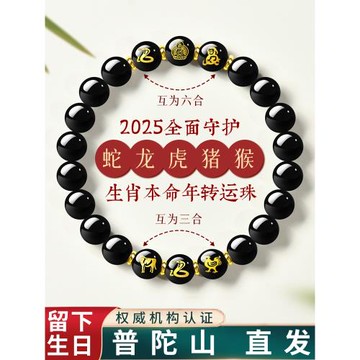 (免運)普陀山黑曜石手串女款三合六合蛇年本命年護身符轉運珠手鏈男禮物