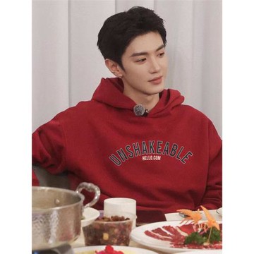 陳哲遠同款美式復古潮牌字母酒紅色連帽衛衣男女秋冬情侶外套上衣