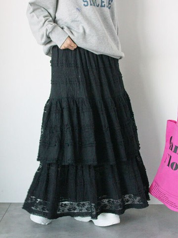 氣質蕾絲蛋糕分層抓皺壓紋長裙(0F000481410) - ehka sopo