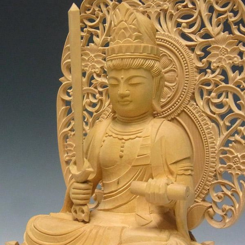 文殊菩薩 騎獅像 獅子台坐 高さ26cm 柘植製 木彫り 仏像 | LINE