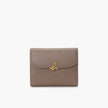 agnes b.Voyage 荔枝紋皮革 logo短夾 卡其色
