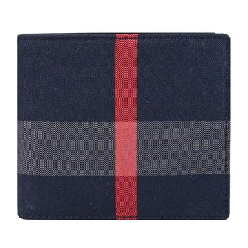 BURBERRY 8084065 經典格紋帆布對折4卡零錢短夾.深藍