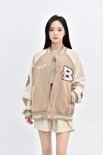 (XL) 棉質拼接棒球棕色外套