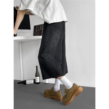 美式復古闊腿7分牛仔褲男夏季韓版寬松顯瘦直筒水洗七分休閑短褲