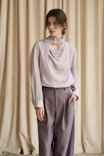 法式復古 / 微光澤蕩領飄帶襯衫 / 銅氨絲