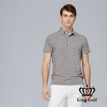 【KING GOLF】網路獨賣款-男款菱形幾何彈性修身POLO衫/高爾夫球衫-黑