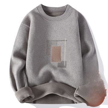 2025新款秋冬季毛衣男士圓領加絨加厚衛衣青少年保暖長袖T恤刺繡