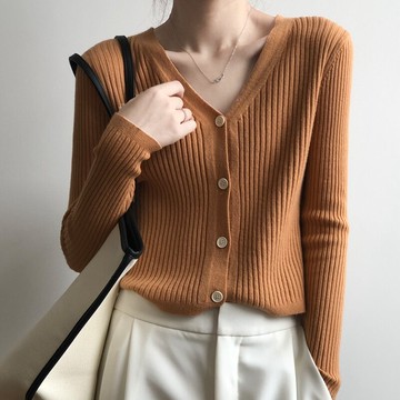 開衫針織外套女早秋薄毛衣短款上衣V領修身百搭打底衫緊身ins