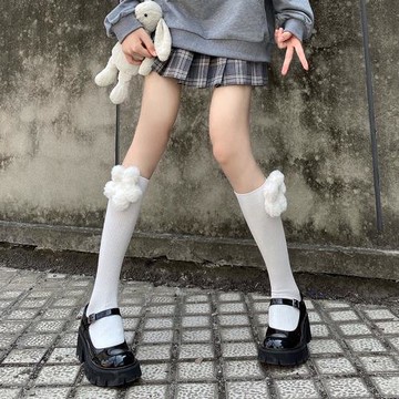 夜間教習室洛麗塔襪子女秋冬款可愛毛絨花朵中筒lolita小腿襪長筒