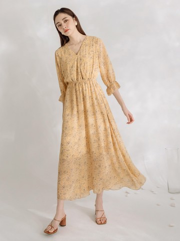 七分袖碎花V領收腰長洋裝