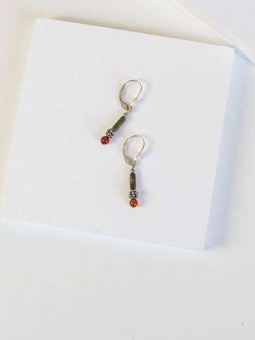 復古紅色 & 綠色 Unakite銀吊式耳環