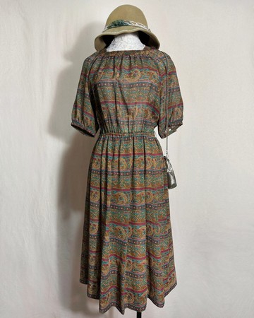 方領圖騰短袖古著洋裝/ 國外帶回 VINTAGE