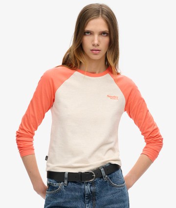 Superdry Women's Ladies Slim Fit Colour Block Essential Logo Long Sleeve Baseball Top, Coral and Beige, Size: 16 Size: 12