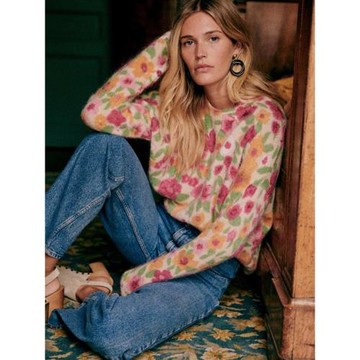 現貨法式小眾22年秋復古輕奢羊毛混紡碎花印花寬松毛衣針織套頭衫