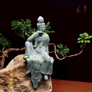 【祥瑞閣】青砂石自在觀音禪意擺件 桌面新中式茶寵香道裝飾品 微景觀魚缸造景假山擺件 石雕佛像 蓮花底座 青砂石佛像