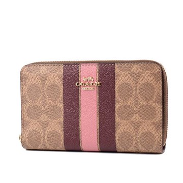 COACH 直紋緹花LOGO防刮皮革拉鍊中夾-粉/卡其
