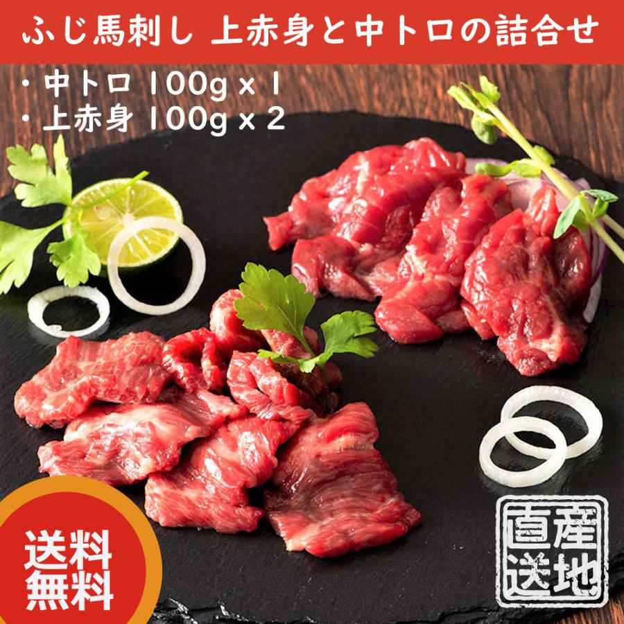 ふじ馬刺し 上赤身と中トロの詰合せ（中トロ 100g  x 1、上赤身100g x 2）　二重包装＆ギフト包装　　のし・メッセージカード対応　フジチク