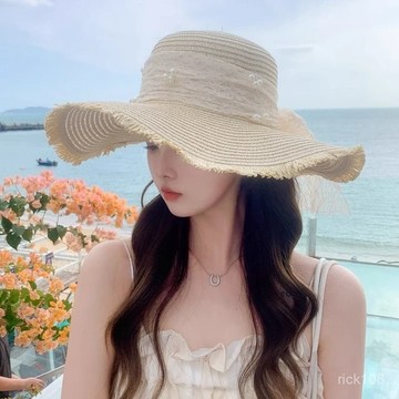 海邊度假🌟 遮陽帽女夏季沙灘草帽新款蕾絲鏤空草編帽出遊防曬帽海邊太陽帽子沙灘帽 防曬帽