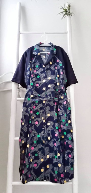 霓虹點點印花拼接國民領長襯衫洋裝