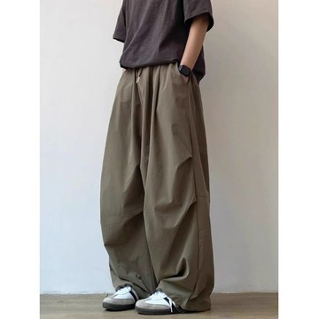 夏季日系復古純色寬鬆褶皺闊腿褲男士女百搭直筒鬆緊腰休閒長褲子