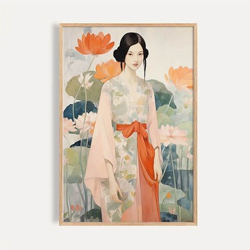 荷塘優雅 / 日式現代水彩荷花仕女裝飾畫