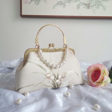 2024新款純手工珍珠流蘇刺繡名媛仙女清新口金漢服旗袍茶服手提包