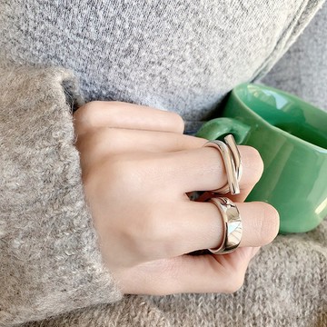 現貨-韓國簡約925銀戒指個性冷淡風線條不規則光面寬版食指環男女潮2件套組-B84